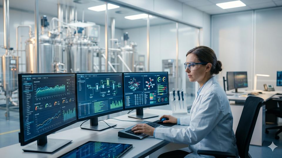 AI-generated scientist reviews bioprocess data on multiple screens in a brightly lit laboratory control room.