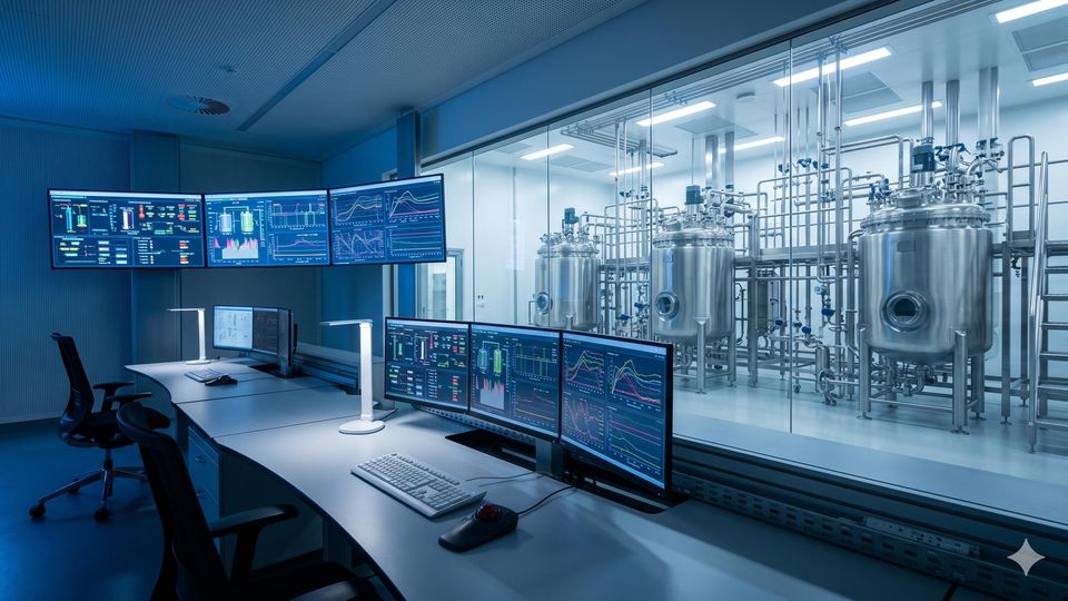 AI-generated data screens in an empty biomanufacturing control room overlooking bioreactor vessels behind a glass partition.