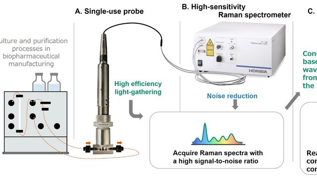 Schematic of a high-sensitivity inline Raman measurement system for real-time biopharmaceutical process monitoring. 