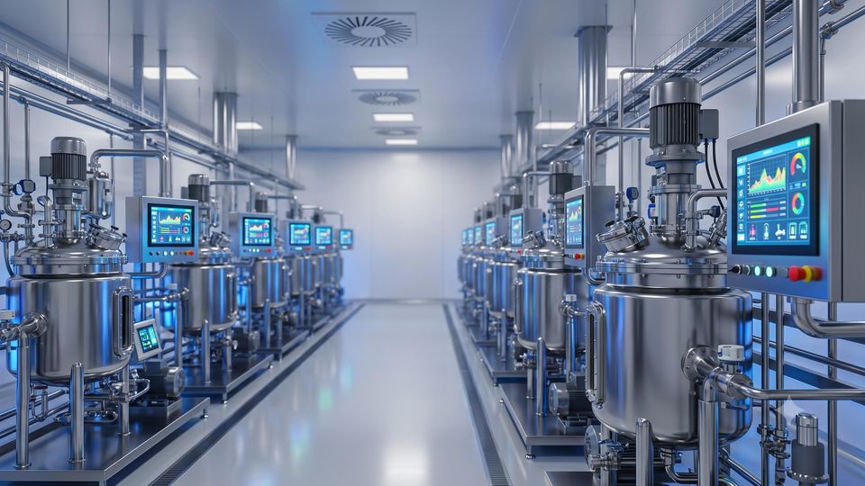 AI-generated rows of stainless steel bioreactors with glowing digital control panels in a modern bioprocessing cleanroom.