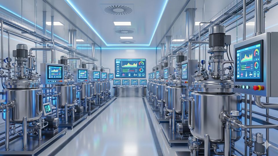 AI-generated rows of stainless steel bioreactors and digital control screens in a modern, high-tech bioprocessing cleanroom.