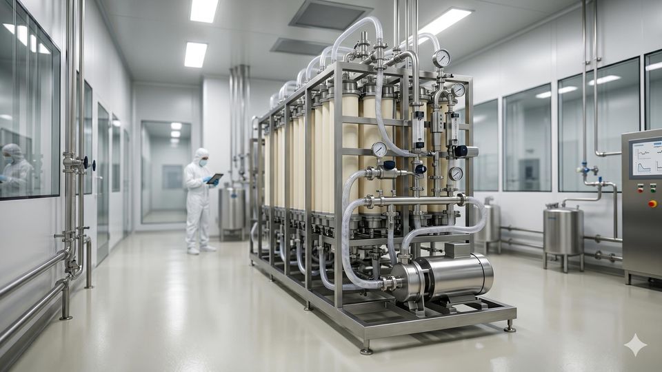 AI-generated worker in bunny suit manages large stainless steel filtration machinery in a sterile cleanroom.