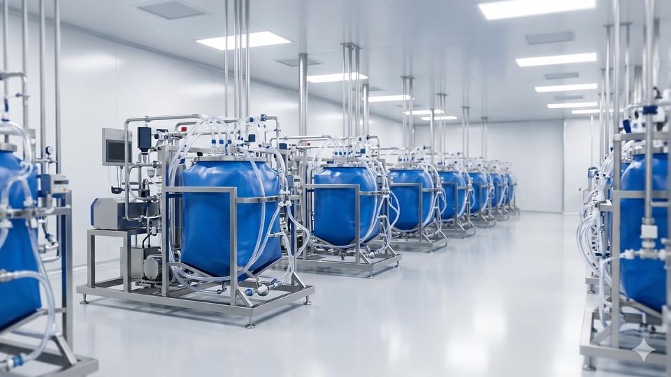 AI-generated cleanroom with multiple automated blue and stainless steel pharmaceutical bioprocessing units.