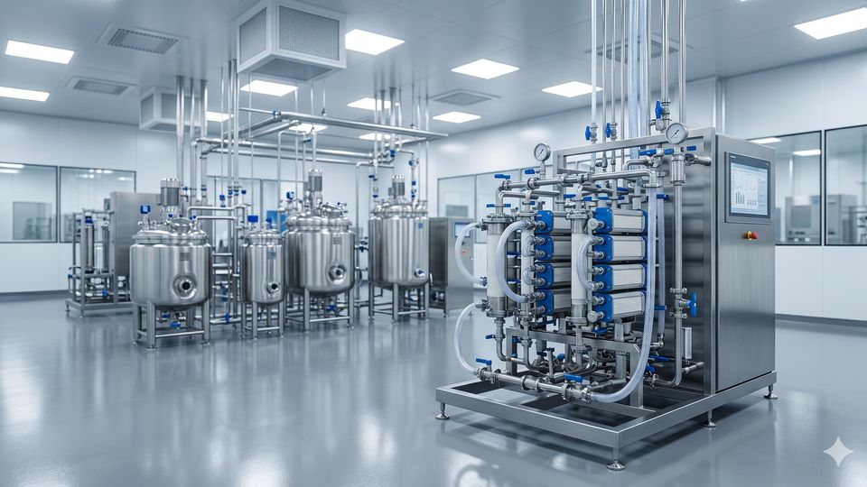 AI-generated advanced stainless steel filtration skid and process tanks in a modern pharmaceutical cleanroom.