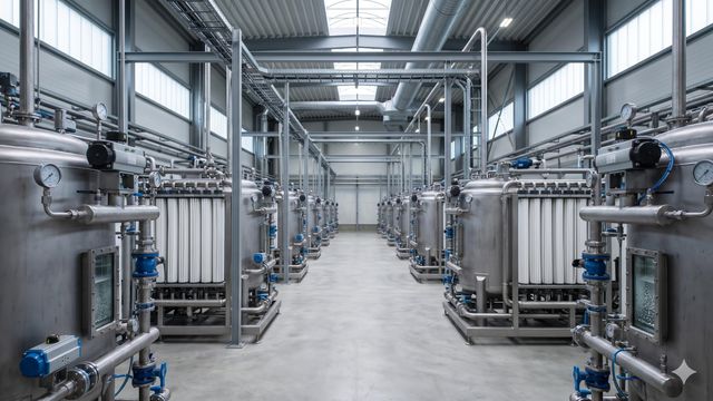 AI-generated rows of stainless steel filtration systems with white filters in a clean industrial facility. 