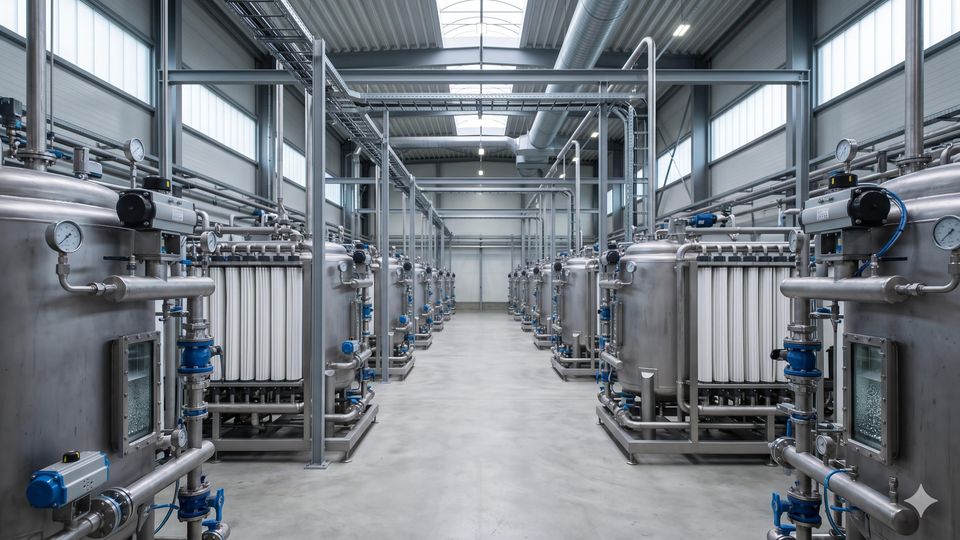 AI-generated rows of stainless steel filtration systems with white filters in a clean industrial facility.