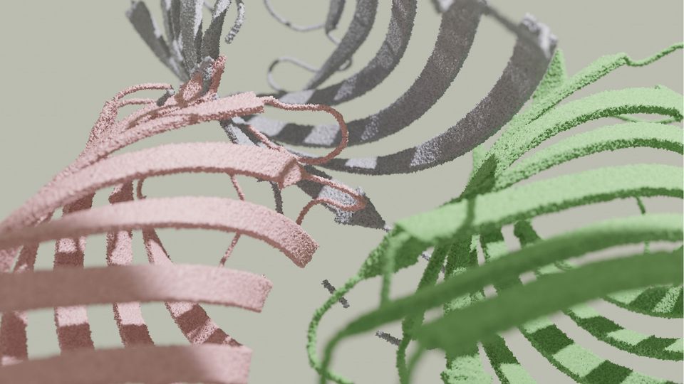 Protein structure visualization showing folded biomolecules and interacting protein chains in a molecular model.