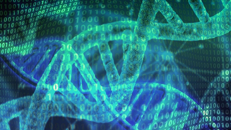 DNA helix with binary code overlay.