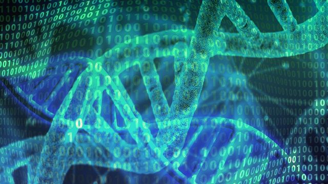 DNA helix with binary code overlay. 