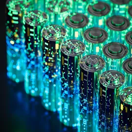 Collection of batteries standing in rows. The batteries have a futuristic hologram overlay of glowing green, yellow, and blue lines and dots. 