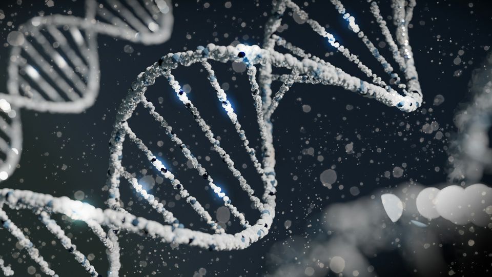 3D illustration of a DNA double helix with floating molecular particles. 