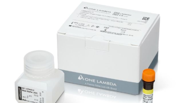 One Lambda antibody test kit with reagent bottle and vial. 