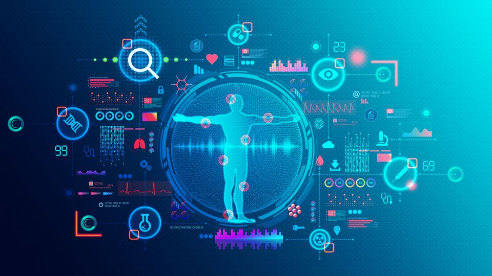 The outline of a person, surrounded by icons relating to precision medicine.