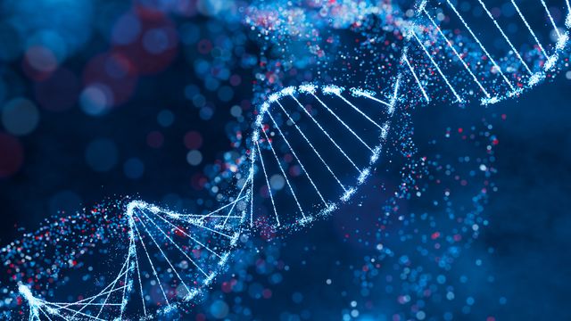 Digital DNA strand illustration representing liquid biopsy research and genomic biomarker analysis. 