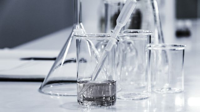 Glass laboratory apparatus with beakers, a flask, and a transfer pipette on a research lab bench. 