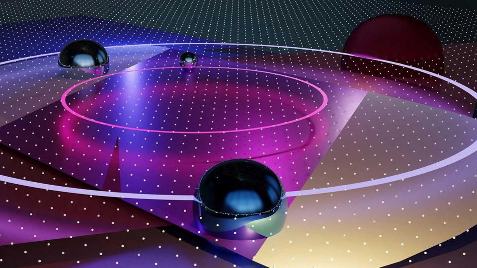 A 3D render showing glowing rings in purple and metallic spheres in black placed across geometric planes and grids.