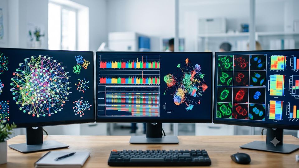 AI-generated image of three monitors displaying colorful genomic data plots in a modern bioinformatics lab.