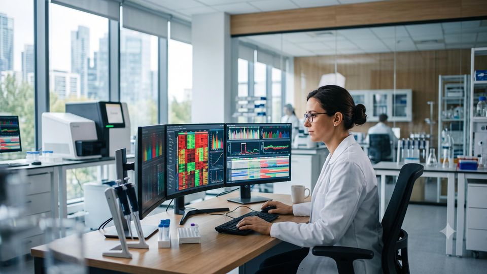 AI-generated scientist analyzing genomic sequencing data on laboratory computer monitors.