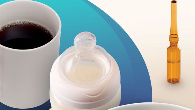 Illustration of milk products including infant formula, cereal with milk, coffee, and a laboratory ampoule. 