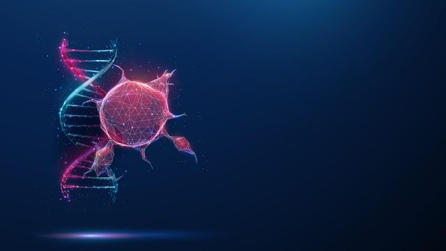 Illustration of a red cancer cell and a pink and blue DNA double helix. Both appear to be glowing and are floating on a dark blue background. 