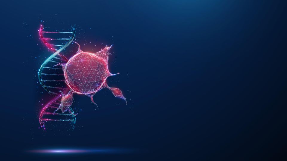 Illustration of a red cancer cell and a pink and blue DNA double helix. Both appear to be glowing and are floating on a dark blue background.