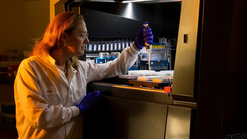 Researcher wearing a laboratory coat using a pipette to dispense liquid within a fume hood.