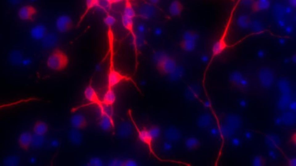 Fluorescent microscopy image of Tuj1-positive neurons with red-stained neuronal cell bodies and branching neurites.