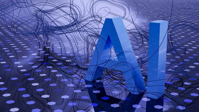 3D illustration of AI letters with abstract data lines. 