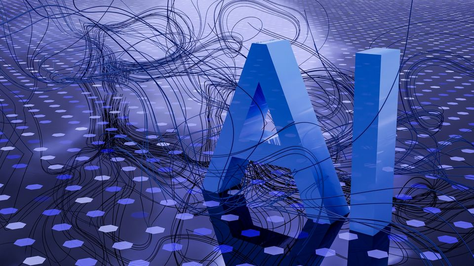 3D illustration of AI letters with abstract data lines.