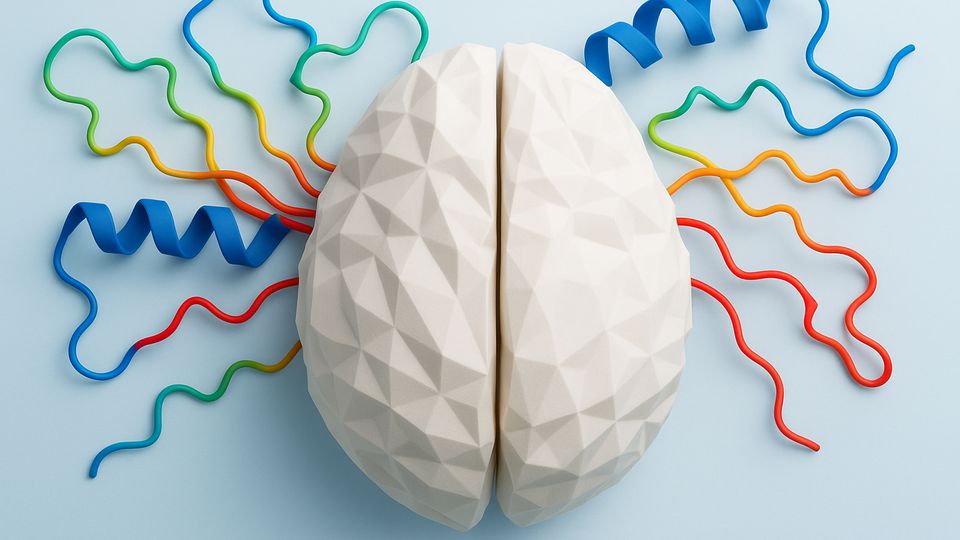 3D render of a white brain with colourful, ribbon-like neural connections extending outward.