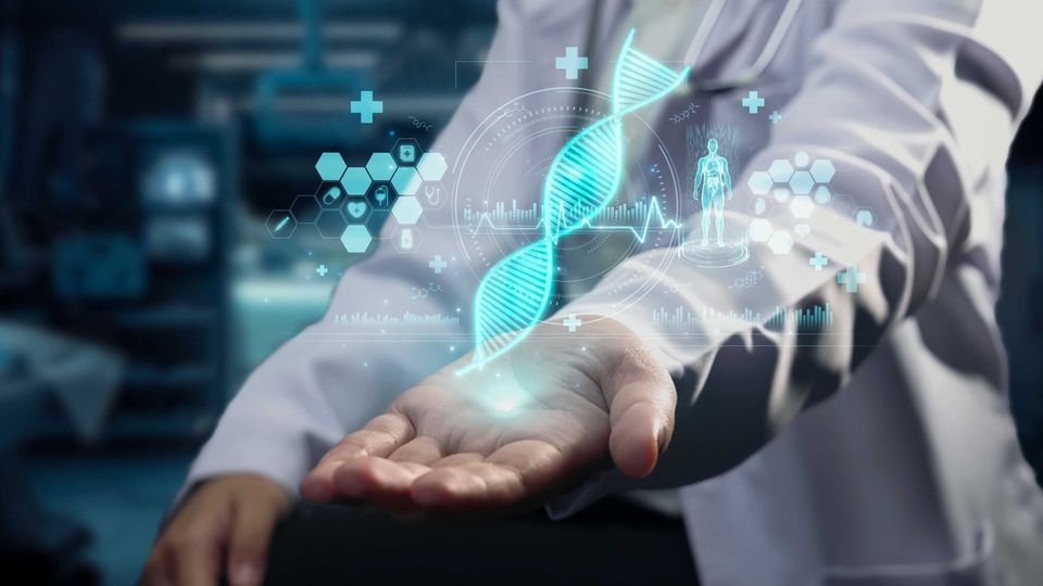 Illustration of blue digital DNA hologram surrounded by medical data icons, hovering above a scientists hand.