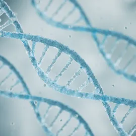 Close-up illustration of blue DNA double helices floating in a soft-focus, light blue scientific background.