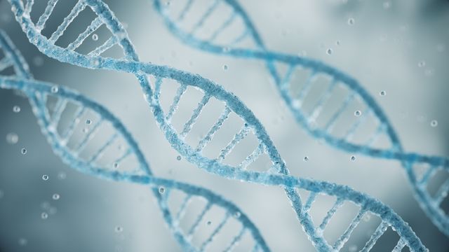 Close-up illustration of blue DNA double helices floating in a soft-focus, light blue scientific background. 