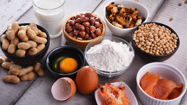 Selection of common food allergens placed in bowls on a table. Foods include peanuts, eggs, shellfish, and milk. 