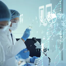 Scientists performing mRNA testing in a laboratory with DNA graphics and advanced research technology.