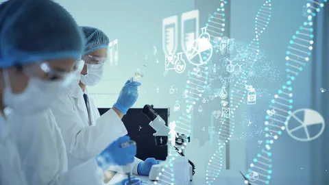 Scientists performing mRNA testing in a laboratory with DNA graphics and advanced research technology.