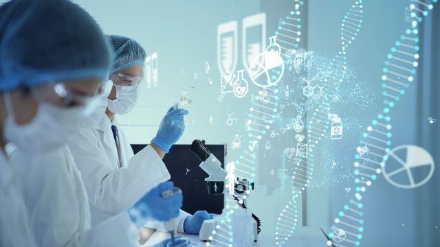 Scientists performing mRNA testing in a laboratory with DNA graphics and advanced research technology. 
