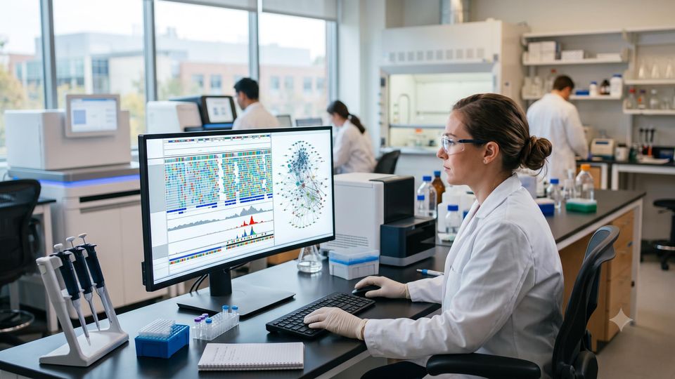AI-generated genome browser display showing sequence alignment tracks in a research lab.