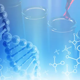 Integrated LC-MS drug discovery and clinical bioanalysis illustration with DNA helix, test tubes, and pipette.