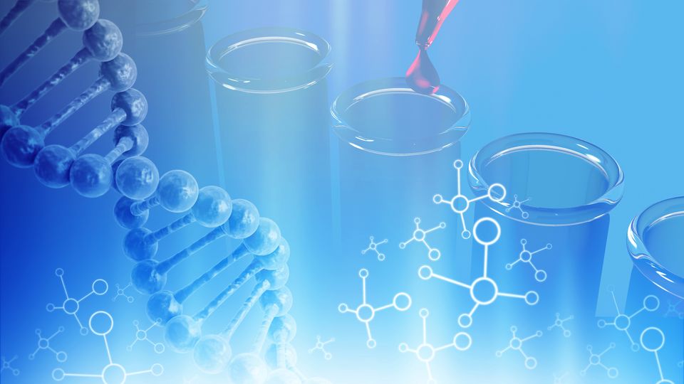 Integrated LC-MS drug discovery and clinical bioanalysis illustration with DNA helix, test tubes, and pipette.