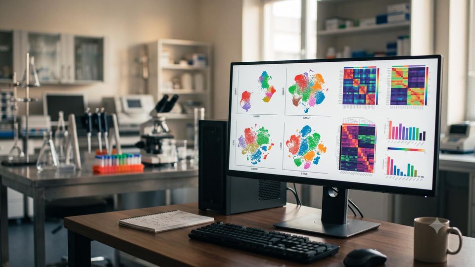 AI-generated bioinformatician analyzing single-cell RNA sequencing data on a laboratory computer screen.