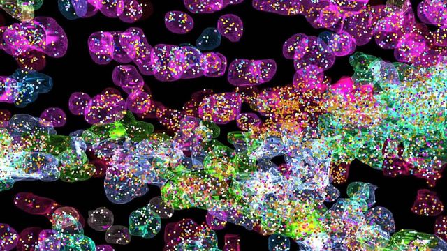Translucent colored shapes represent individual cells, with each bright dot indicating a single RNA transcript. 