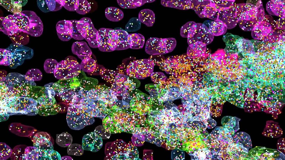Translucent colored shapes represent individual cells, with each bright dot indicating a single RNA transcript.