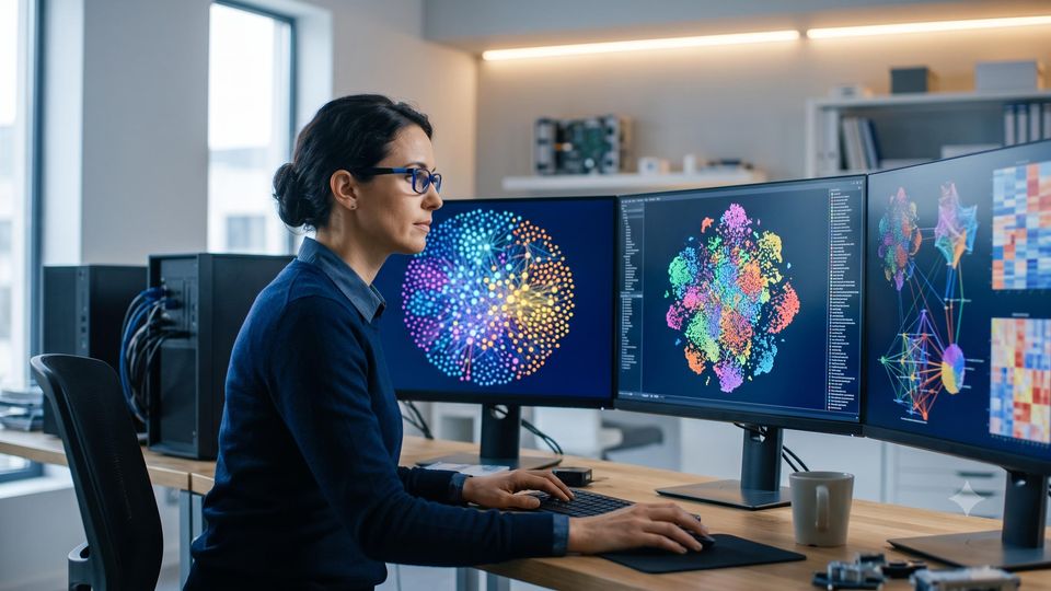 AI-generated bioinformatics scientist analyzing multiomics data visualizations on screens.