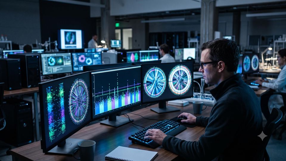 AI-generated scientist in a genomics lab with screens showing population-scale genetic association data and Manhattan plots.