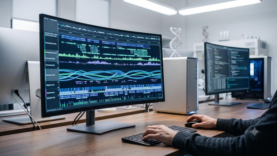 AI-generated bioinformatics workstation displaying genomic sequence analysis with layered annotation tracks.