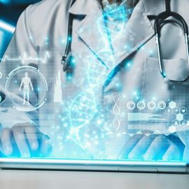 Doctor in a white coat interacting with a hologram on a tablet. The hologram shows DNA helices and patient data. 
