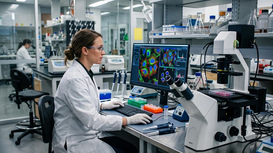 AI-generated scientist reviewing fluorescence microscopy cell images on a laboratory monitor.