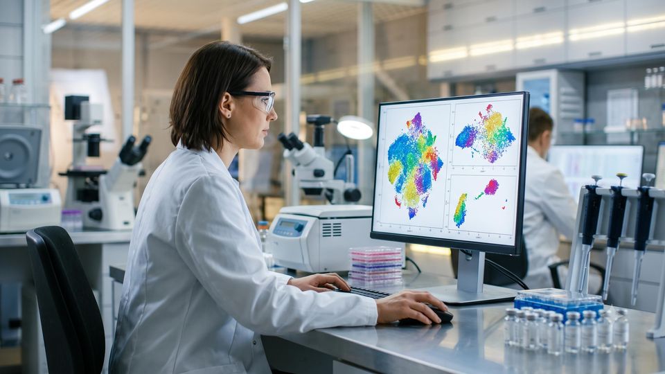AI-generated scientist analyzing high-dimensional flow cytometry population clusters on a lab monitor.