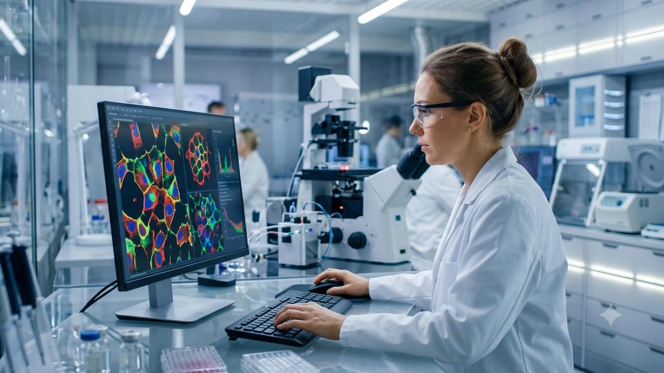 AI-generated scientist reviewing segmented fluorescence microscopy cell images in a laboratory setting.
